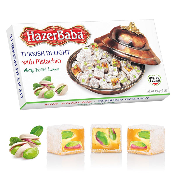 Hazer Baba Turkish Delight Pistachio Candy, 16oz (Pack of 1) Gourmet Snack
