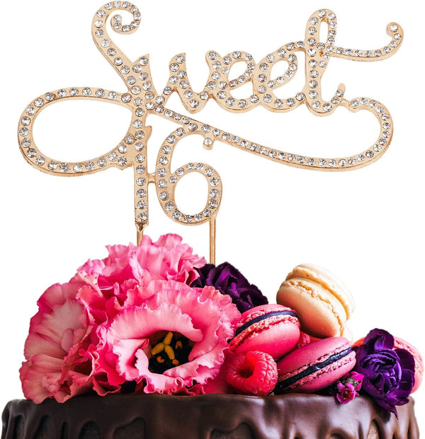 Sweet 16 Cake Topper for 16th Birthday or Wedding Anniversary - Crystal Rhinestone Party Decoration