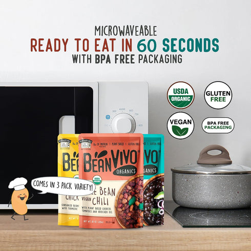3 Pack (10 oz BeanVIVO - Variety each) - Organic Baja Black Beans, Three Bean Vegan Chili, Coconut Curry Chickpeas