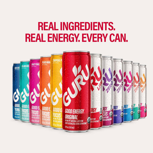 140MG 12 Oz, Pack 12 GURU ZERO SUGAR Dragon Fruit Cherry Sorbet Organic Energy Drink with Plant Based Natural Caffeine