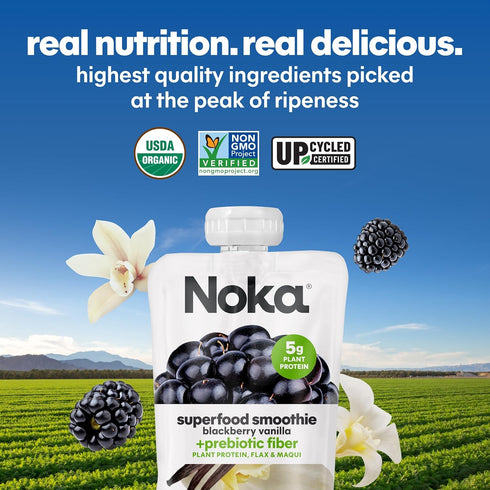 4.22 oz, 12 Count Noka Superfood Fruit Smoothie Pouches, Blackberry Vanilla, Healthy Snacks with Flax Seed, Plant