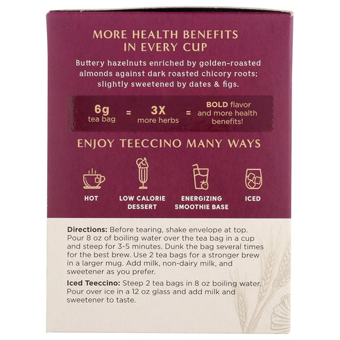 Teeccino Hazelnut Roasted Herbal Tea - Caffeine Free, Prebiotic, 3x More Herbs, 10 Tea Bags