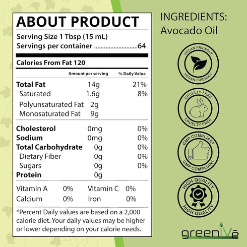 100% (32 GreenIVe Avocado Oil Naturally Grown Pure Natural without Additives, Clean, Cold Pressed, Non-GMO, Vegan: