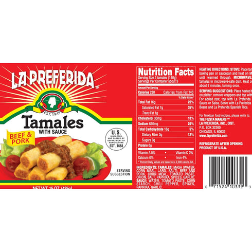15oz. (Pack 12) La Preferida Beef & Pork Tamales (Hearty Mexican Canned Tamales in Red Sauce) No Artificial Colors