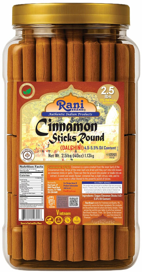 Rani Cinnamon Sticks 40oz (2.5lbs) 1.13kg Bulk PET Jar - 220-250 Sticks