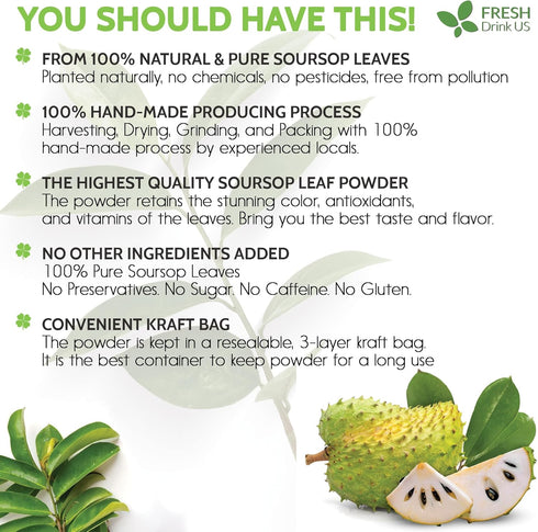 Premium 1oz Soursop Leaf Powder, 100% Natural & Pure from Soursop Leaves, Wildcrafted, Graviola Powder, Hoja Guanabana, No Sugar, No Gluten, Vegan