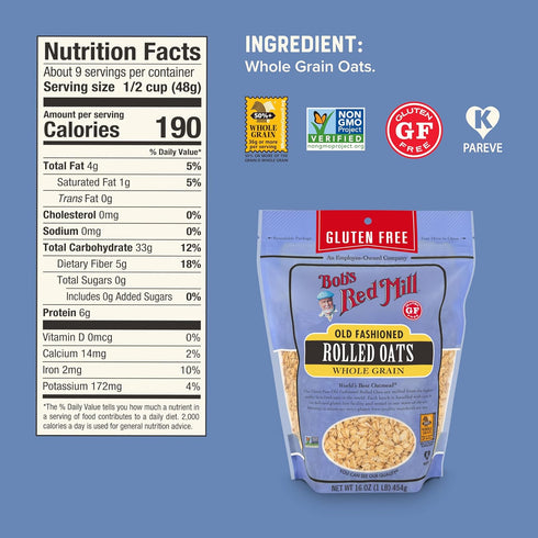 16oz (Pack 4) Bob's Red Mill Gluten Free Old Fashioned Rolled Oats, of - Non-GMO, Gluten Free, Whole Grain