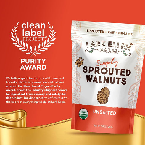 10 Oz, 3 Pack Lark Ellen Farm Organic Sprouted Walnuts Raw, Unsalted, Keto-Friendly, Healthy Vegan Snack, Gluten-Free
