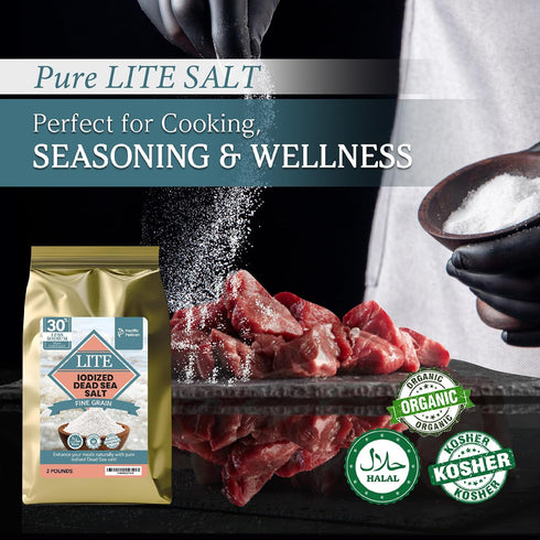 30% (2 lbs) Pacific Pelican Less Sodium Iodized Dead Sea Lite Salt - Fine Grain | Unrefined Kosher, Natural Iodized