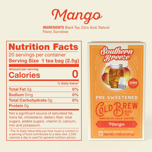 Southern Breeze Cold Brew Sweet Tea Mango Iced Tea with Black Tea, Zero Carbs, Zero Sugar, 20 Bags, Pack of 4