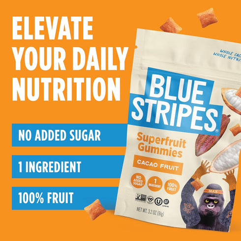 Gummies 100% Gummy, 9 3.2oz Blue Stripes Cacao Superfruit - Vegan Chewy Fruity Snack, No Sugar Added Fruit Essential