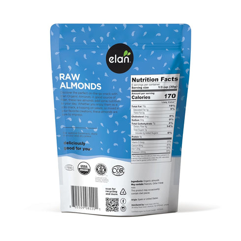 7.0 oz, Elan Organic California Raw Almonds, Unsalted, Unroasted, Raw Nuts, Non-Gmo, Vegan, Gluten-Free, Kosher