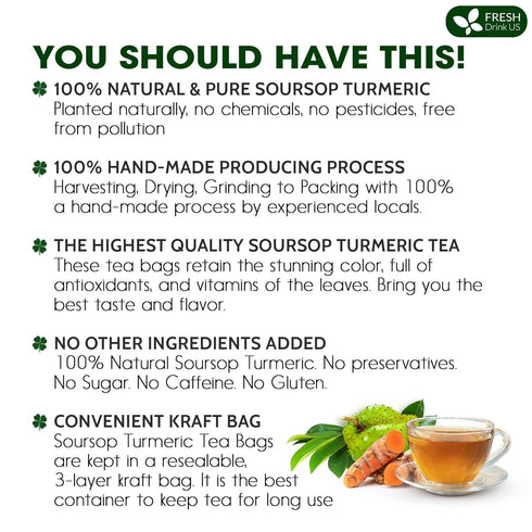 60 100% 100% FreshDrinkUS, Premium Soursop Turmeric Tea Bags, Natural, Blend of Soursop Leaves, and Turmeric Root. Made