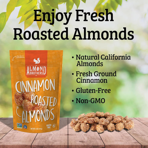 Pack 3, 5 oz Almond Brothers Roasted Almonds - of - Hand Crafted Cinnamon Glazed Roasted Almonds, Gluten-Free, Non-GMO