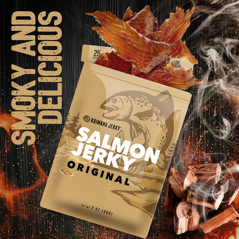 Omega-3 2oz Pack Kaimana Jerky Wild Caught Salmon Jerky - Organic Gourmet Smoked Dried Fish Strips Rich in & Protein
