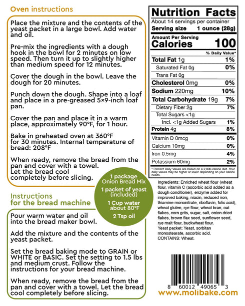 Pack 4 14 oz Molibake Onion Bread Mix of Premium All-Natural Baking Mix for Bread Machine and Oven Gourmet Blend