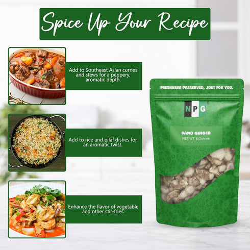 NPG Dried Galangal Root Sand Ginger Sliced 8 Ounce, Natural NON GMO Kulinjan Alpinia Galanga, Herb Spices Ingredient