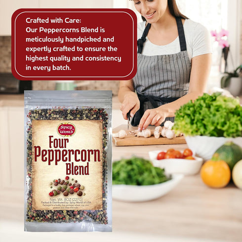 Spicy World Four Peppercorn Rainbow Blend, 8 Oz - Whole Black, Green, White & Pink Peppercorns