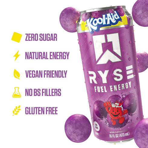200mg 16 oz (12-Pack) RYSE Fuel Energy Drink - Kool-Aid Grape - Sugar Free, Gluten Free & Vegan - Natural Caffeine