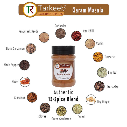 Tarkeeb Garam Masala Indian 15-Spice Blend, 3.52 oz Shaker Top PET Jar, All Natural, Vegan, Gluten Free