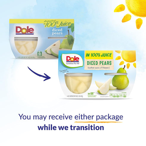 Dole Fruit Bowls Diced Pears in 100% Juice Snacks, 4oz 24 Total Cups, Gluten & Dairy Free, Bulk Lunch Snacks for Kids & Adults
