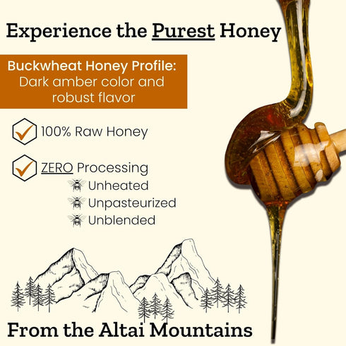 Altay Meadows 100% 908g 35.2oz Altay Raw Buckwheat Honey - Pure, Unfiltered, Unpasteurized, Ethically Sourced - Glass
