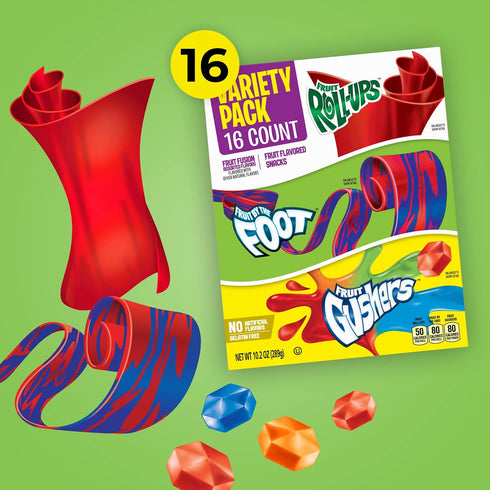 Pack, 16 (Pack 6) Betty Crocker Fruit Roll-Ups, Fruit by the Foot, Gushers, Snacks Variety ct