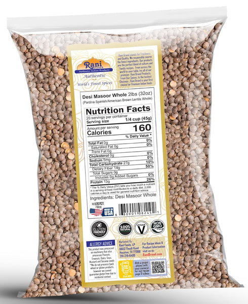 32oz (2lbs) 908g Rani Desi Masoor (Masur) Whole (aka. Pardina Spanish/American Brown Lentils Whole) ~ All Natural |