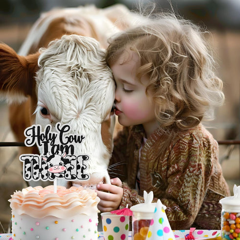 LIANGSS Holy Cow I'm Three Cake Topper Kids Happy Birthday Cute Dairy Cow Decoration, Boys and Girls Birthday Party
