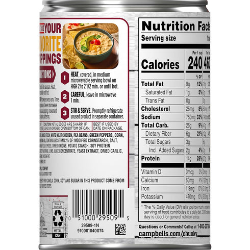 16.5 oz (Pack 12) Campbells Chunky White Bean Chicken Chili, Can