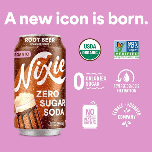 0 0 12oz (12 Pack) Nixie Organic Zero Sugar Soda, Root Beer, Healthy Soda Pop, Non-GMO, Sugar, Calories, Caffeine Free