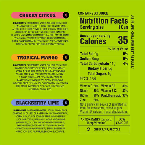 Pack 6g 1g Immunity 12 oz, 12 count Popwell Variety Better-For-You Prebiotic Soda, with Fiber, Sugar, Vitamins
