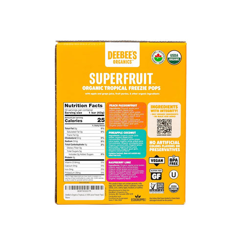 (Pack 50) DeeBee's Organics Tropical SuperFruit Freezie Pops, No Added Sugars, No Artificial Flavors or Colors