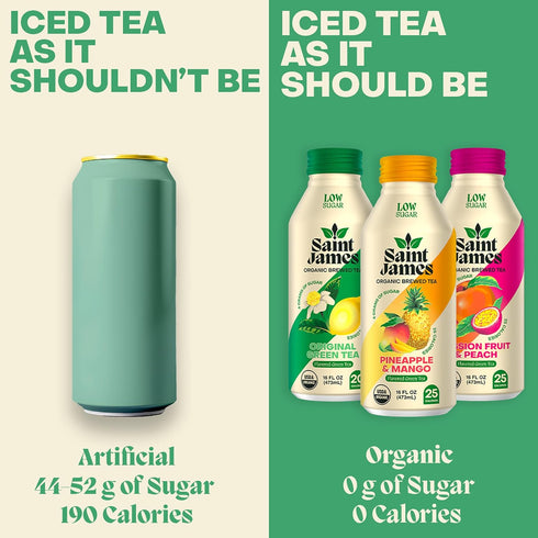 12 Pack (16.9 oz Saint James Iced Tea - Organic Green Tea - Non GMO, Gluten Free, Low Calorie & Low Sugar - Variety