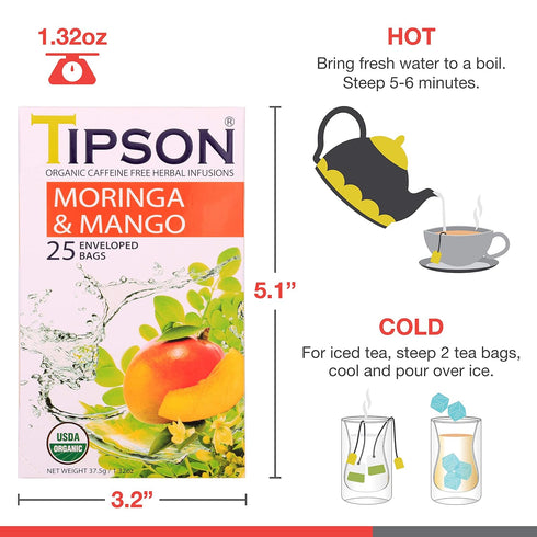 Tipson Organic Moringa Herbal Tea - Caffeine Free Mango Flavor - 25 Premium Double Chambered Bags - Keto/Paleo