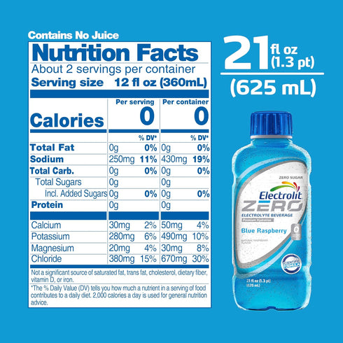 21 Oz (Pack 12) Electrolit Zero, Electrolyte Beverage, Blue Raspberry, Fl bottle