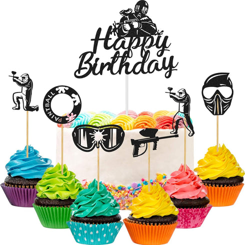 Jetec 37 Pieces Paintball Cake Toppers Birthday Party Supplies, Glitter Silhouette Handmade Decorations for Cupcake