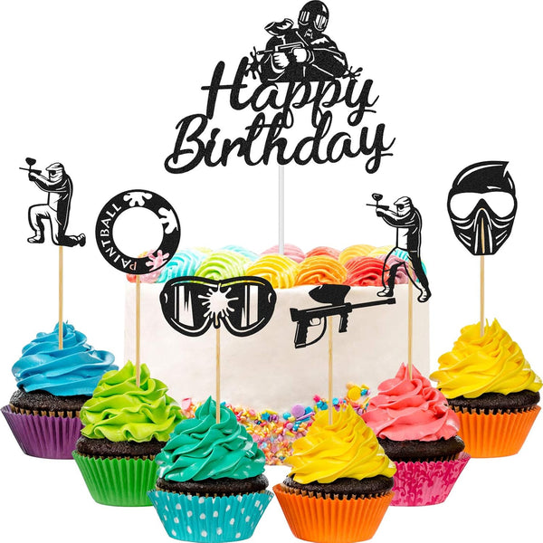 Jetec 37 Pieces Paintball Cake Toppers Birthday Party Supplies, Glitter Silhouette Handmade Decorations for Cupcake