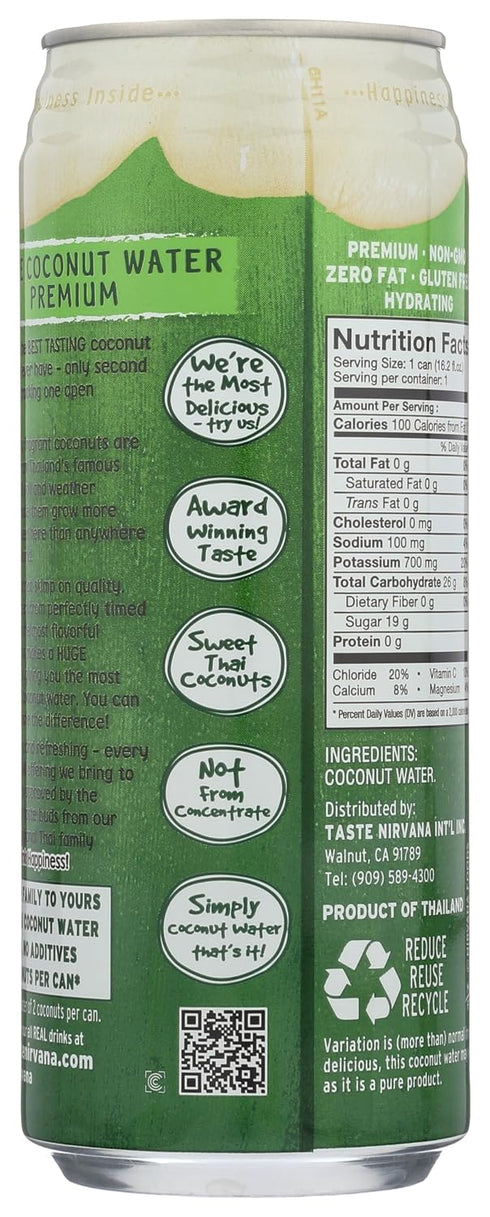 16.2 Taste Nirvana Real Coconut Water, Coco Real Premium Coconut Water, Ounce Can