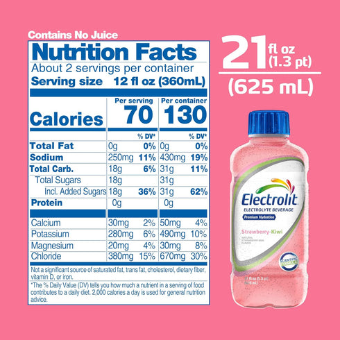 21 Oz (Pack 12) Electrolit, Electrolyte Beverage, Strawberry-Kiwi, Fl bottle