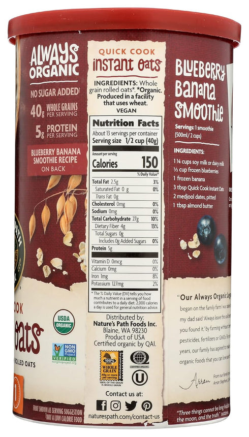 5g 18 Oz (Pack 6) Nature's Path Organic Quick Cook Instant Oats Cereal, Protein, USDA Certified Organic, Non-GMO