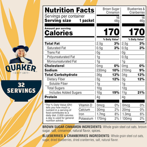 3-Minute 2 Pack, Packets, 32 Count Quaker Steel Cut Quick Oatmeal, Flavor Variety Individual