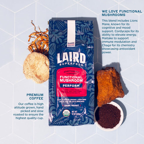 12 oz. Laird Superfood Peruvian Dark Roast Coffee with Functional Mushrooms, Certified Organic Peruvian Ground Coffee