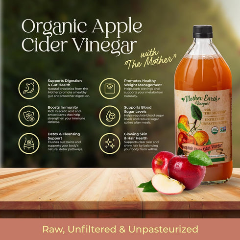 (1/16oz Mother Earth, Organic Apple Cider Vinegar with The Mother, Fresh Pressed Organic Apples, OACV, ACV, Raw