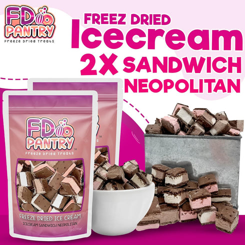 2 Pack 2.5oz 2 Freeze Dried Icecream Neapolitan Candy - Crunchy & Sweet Strawberry, Chocolate and Vanilla Icecream