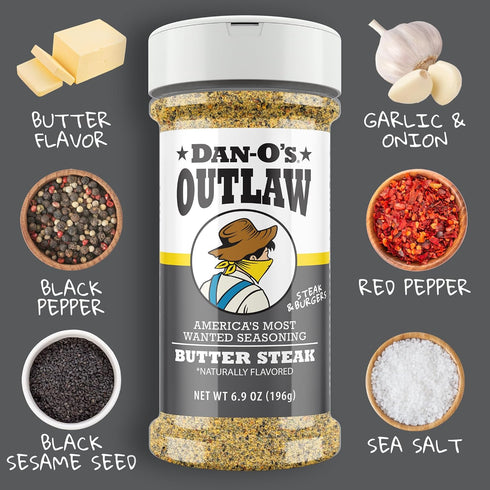 6 Set- Dan-O's Outlaw Seasoning Bottle Butter Dust, Butter Steak, Spicy BBQ, Sweet Caribbean, Sweet & Tangy BBQ
