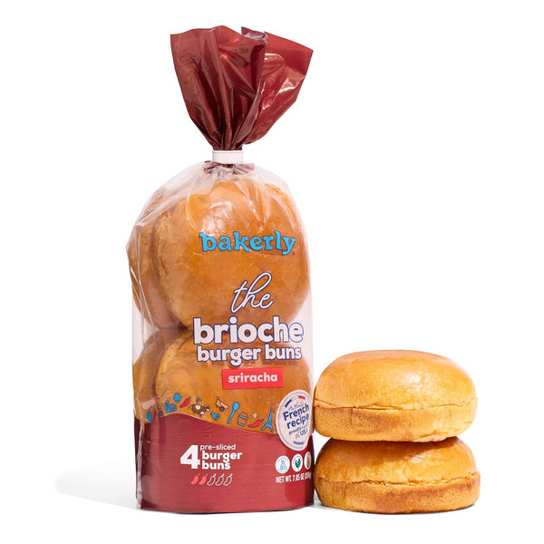 bakerly, Sriracha Brioche Burger Buns, Pre-Sliced, Pack of 4, 4-Count (16 Total