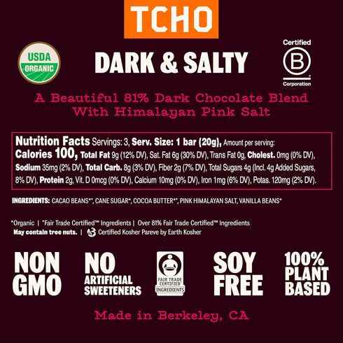 81% (10 pack) (2.1oz TCHO Dark & Salty Dark Chocolate Bars | Plant Based, Organic & Fair Trade | Non GMO, Non-Dairy