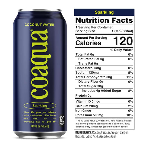 12 Pack, 16.9 Oz Coaqua Sparkling Coconut Water, Natural Electrolytes for Hydration, Refreshing Sparkling Electrolyte