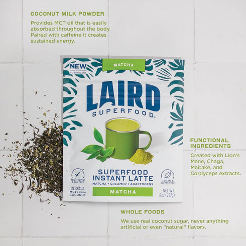 Laird Superfood Matcha Instant Latte - Green Tea Powder with Adaptogens, Packed with Antioxidants and Superfood Coconut
